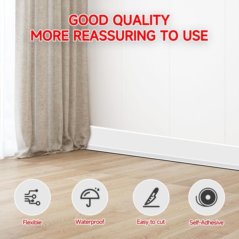YYGCL Flexible Baseboard Molding Trim 3 Inch(W) x 20 Feet(L) Self Adhesive Vinyl Wall Base Peel and Stick Cove Base Rubber Wall Base. (White) - Image 3